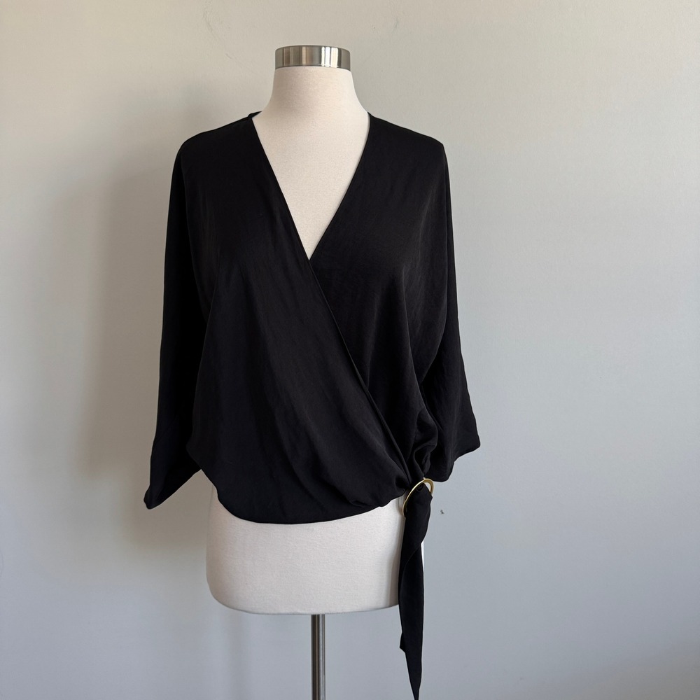 Express Womens Black Surplice Side Tie O-Ring Blouse Medium NWT 08655391-0058